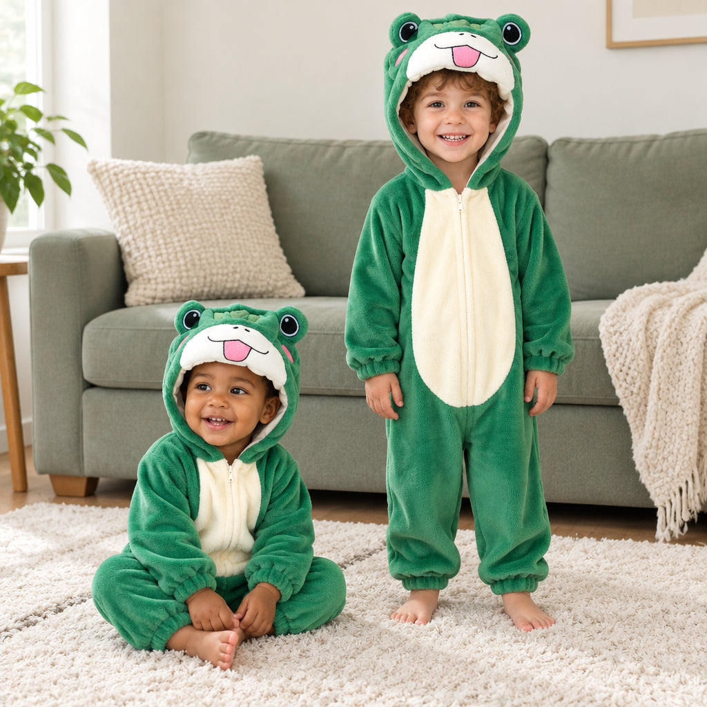 Pyjama grenouille verte enfant tout doux porté dans un intérieur chaleureux