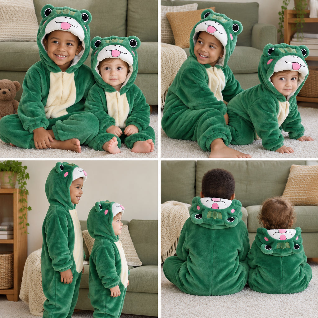 Quatre vues du Pyjama grenouille verte enfant tout doux porté