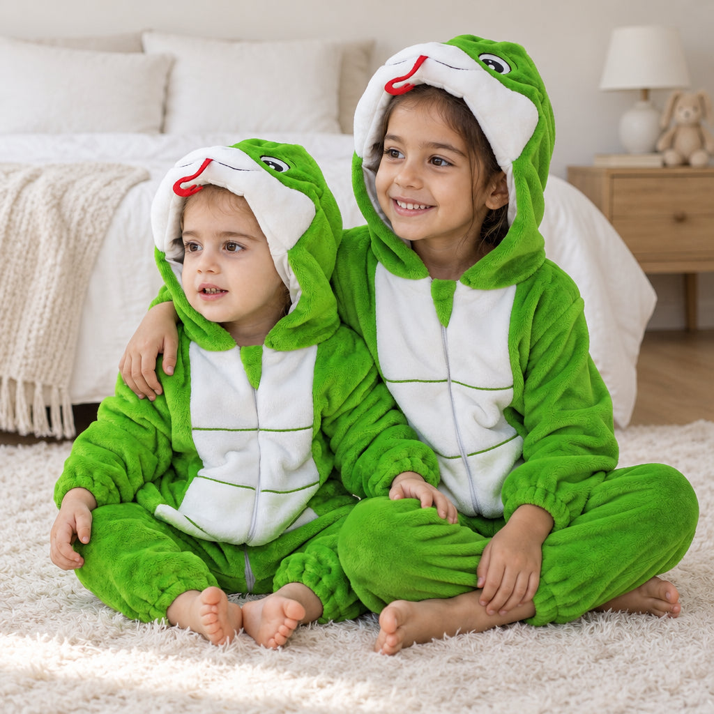 Kigurumi serpent vert enfant pour les moments cocooning porté dans un intérieur chaleureux