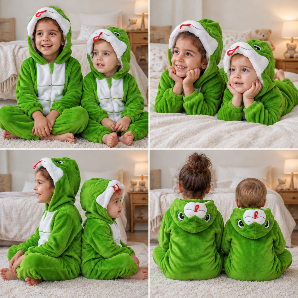 Quatre vues du Kigurumi serpent vert enfant pour les moments cocooning porté