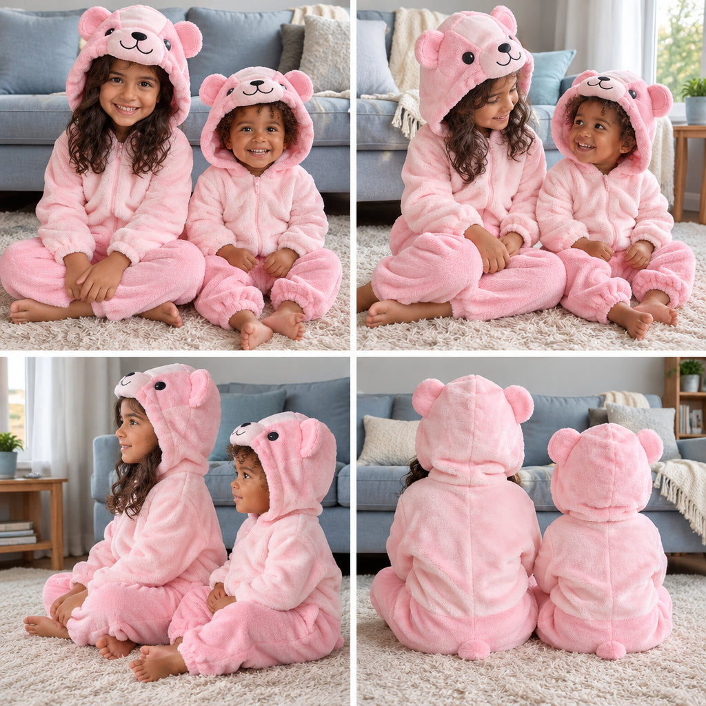 Quatre vues du Combinaison pyjama ours rose enfant porté