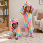 Pyjama licorne arc-en-ciel bébé et enfant porté dans un intérieur chaleureux