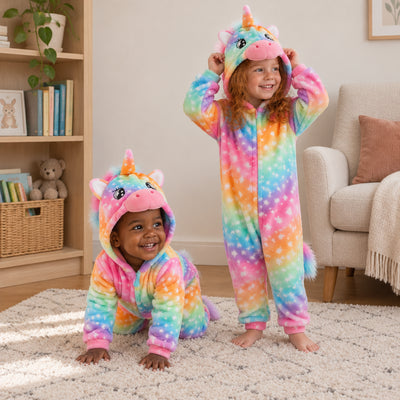 Pyjama licorne arc-en-ciel bébé et enfant porté dans un intérieur chaleureux