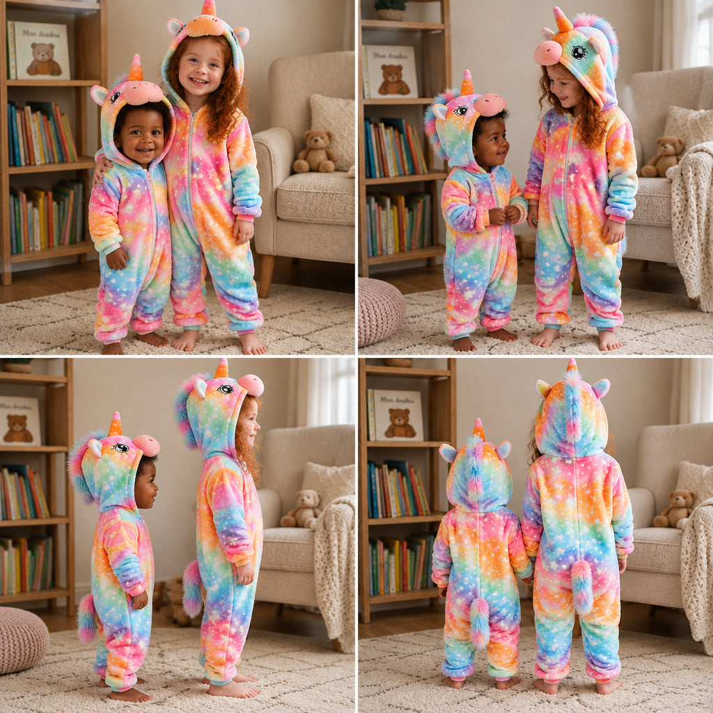 Quatre vues du Pyjama licorne arc-en-ciel bébé et enfant porté