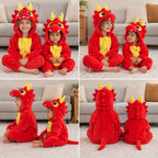 Quatre vues du Kigurumi dragon rouge enfant porté