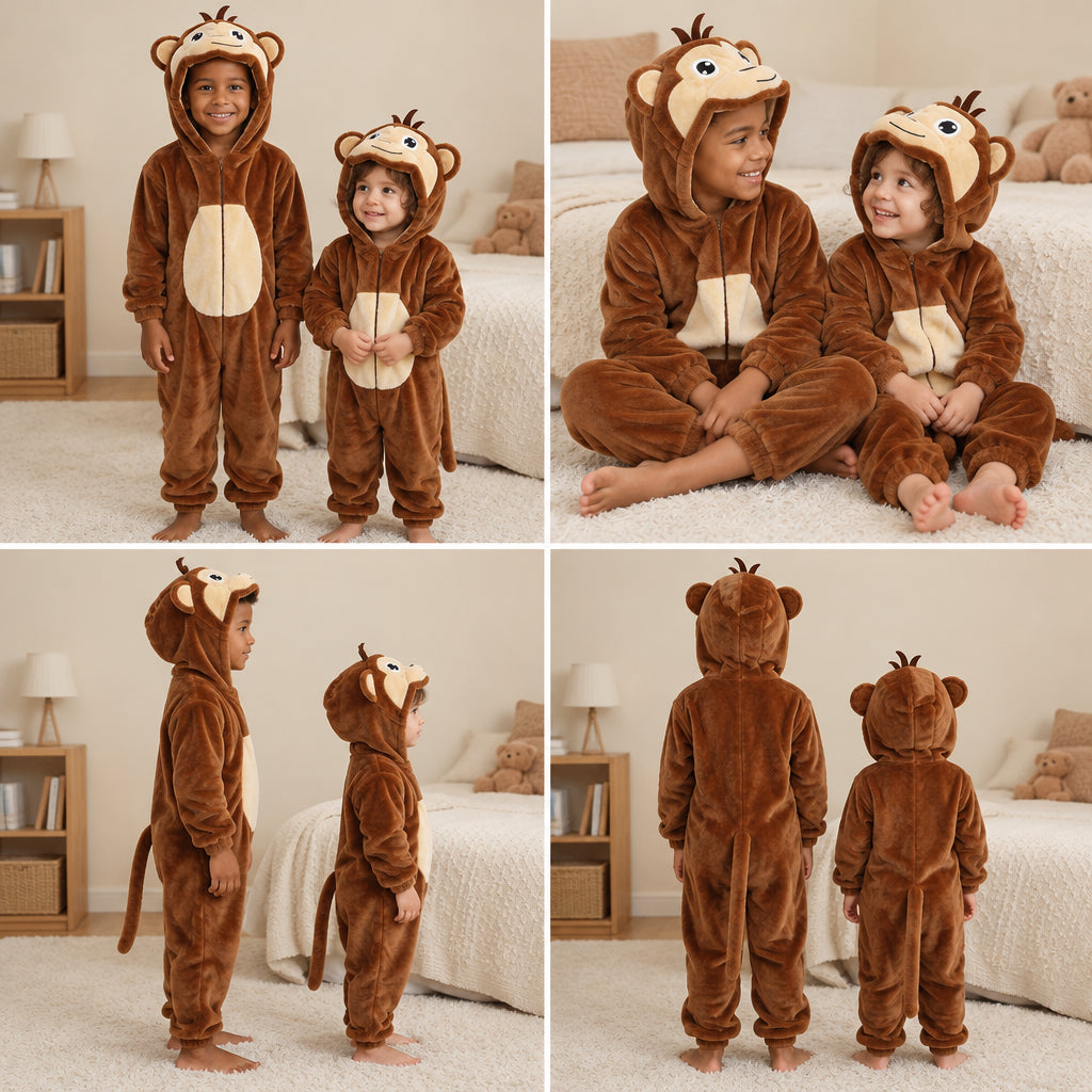 Quatre vues du Combinaison pyjama singe enfant porté