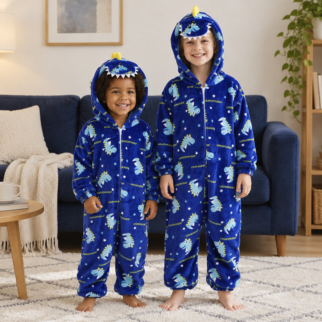 Pyjama une pièce enfant imprimé dinosaures porté dans un intérieur chaleureux
