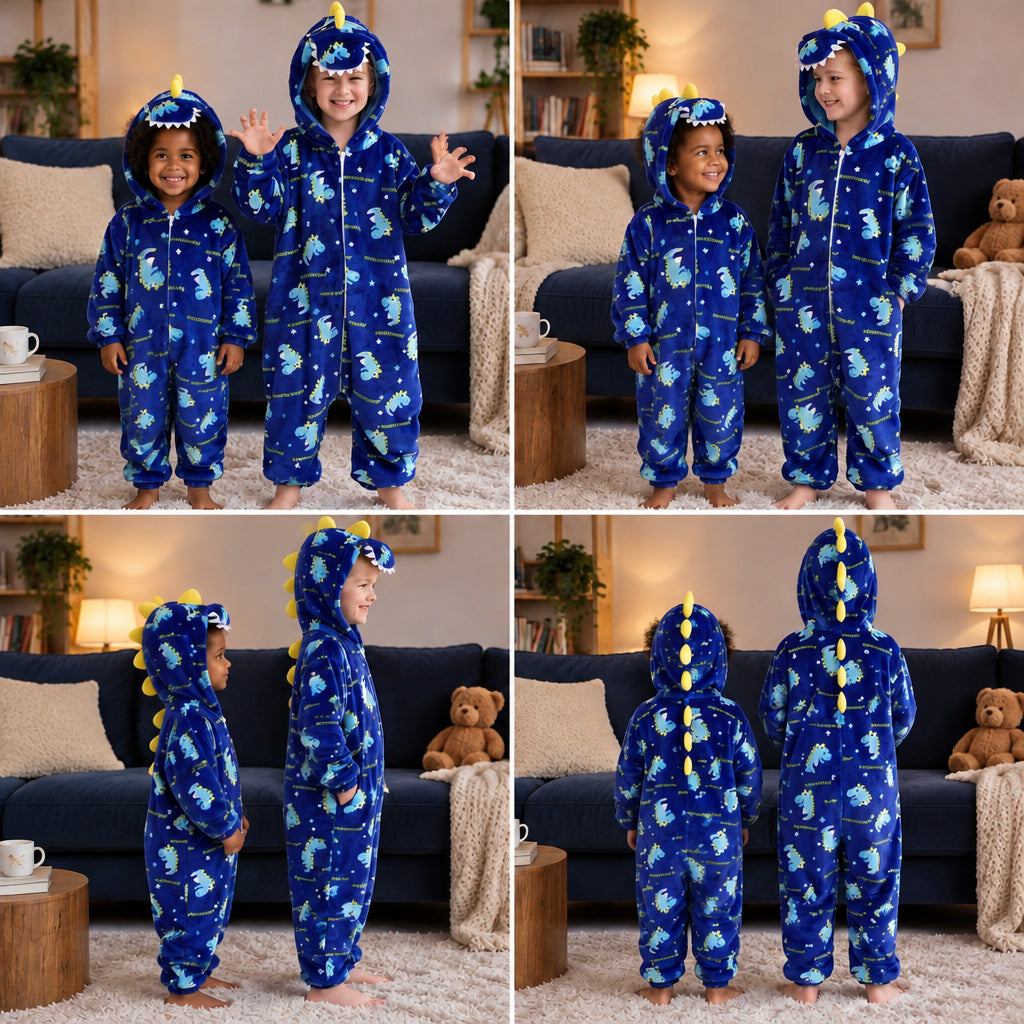 Quatre vues du Pyjama une pièce enfant imprimé dinosaures porté