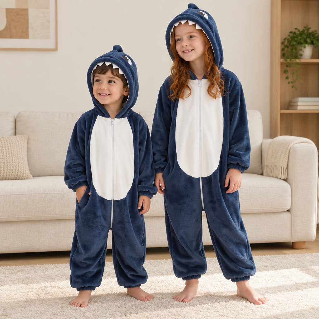 Kigurumi requin enfant porté dans un intérieur chaleureux