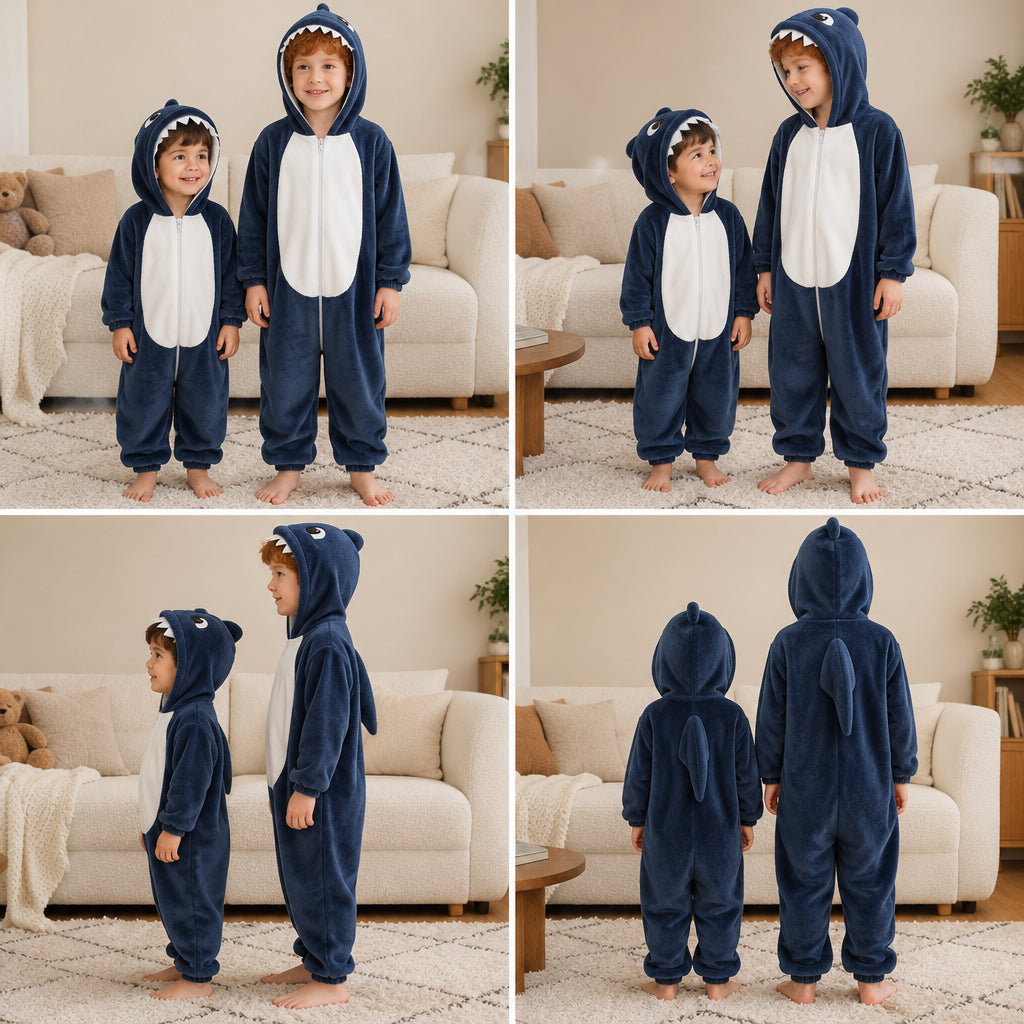 Quatre vues du Kigurumi requin enfant porté