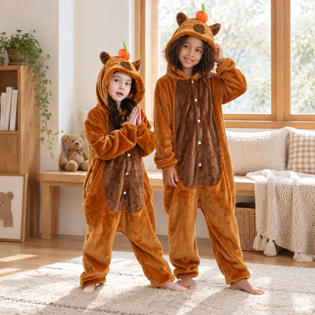 Pyjama une pièce capybara enfant porté dans un intérieur chaleureux