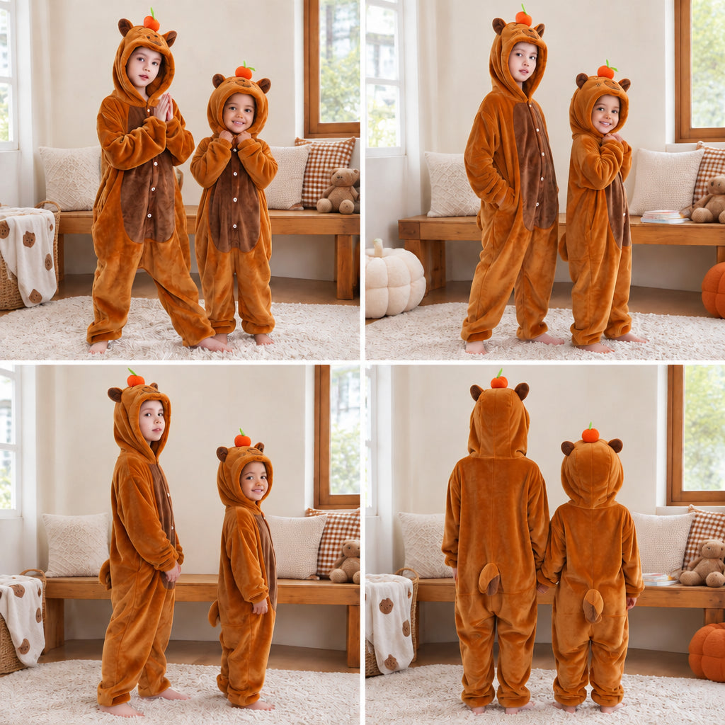 Quatre vues du Pyjama une pièce capybara enfant porté