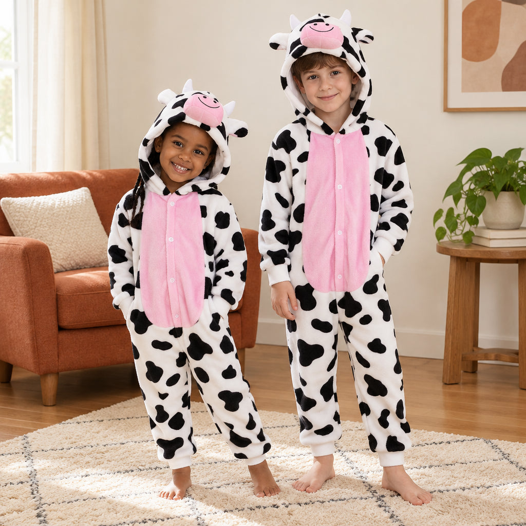 Combi pyjama vache enfant porté dans un intérieur chaleureux