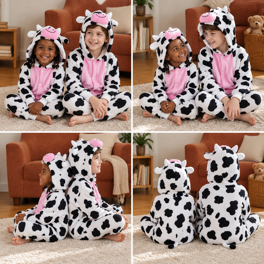 Quatre vues du Combi pyjama vache enfant porté