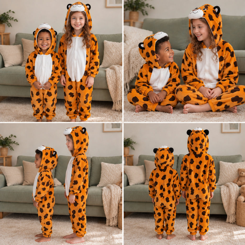 Quatre vues du Pyjama enfant imprimé léopard porté