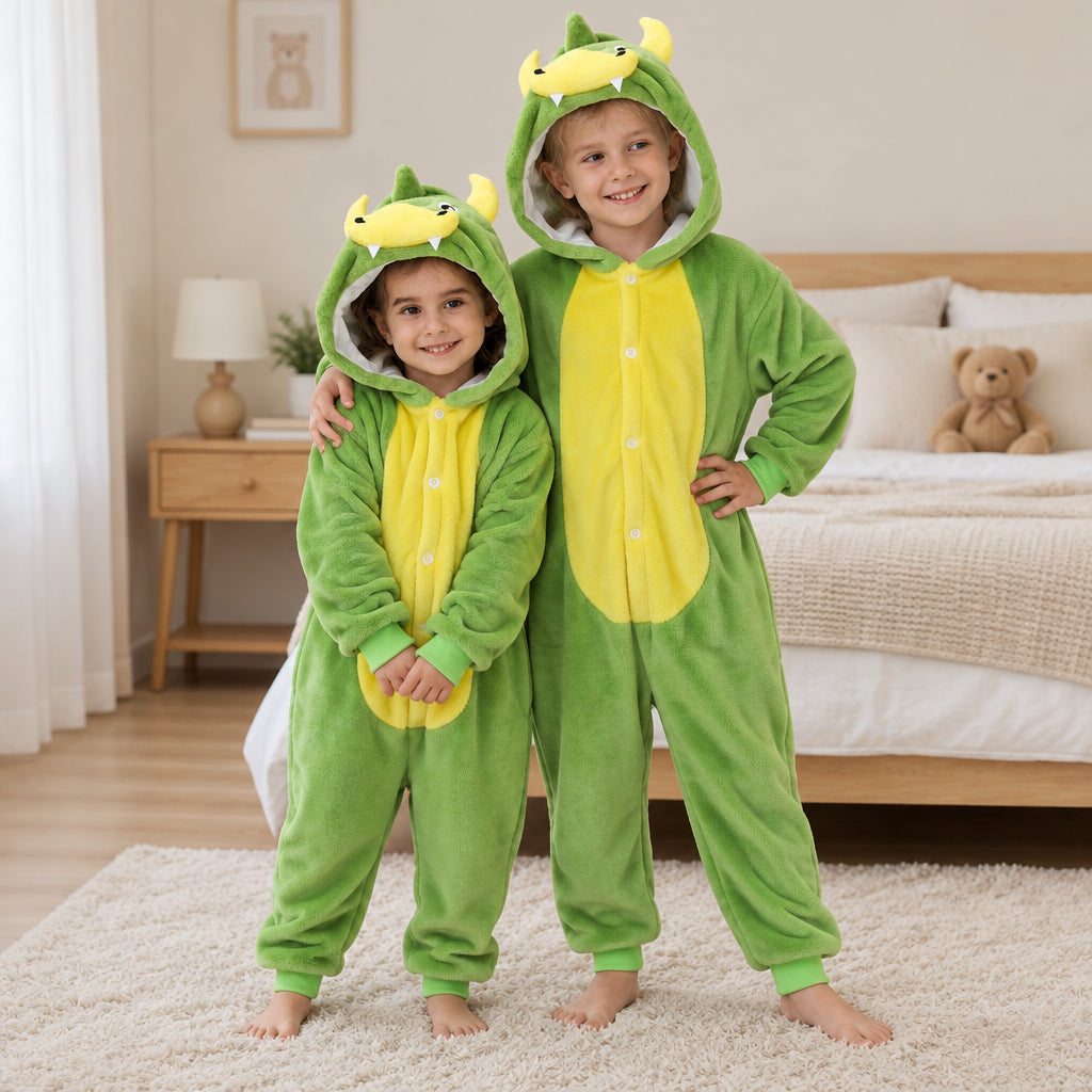 Kigurumi dinosaure enfant porté dans un intérieur chaleureux