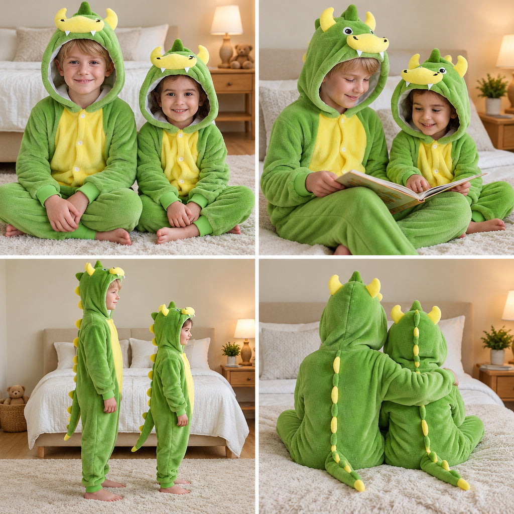 Quatre vues du Kigurumi dinosaure enfant porté