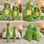 Quatre vues du Kigurumi dinosaure enfant porté