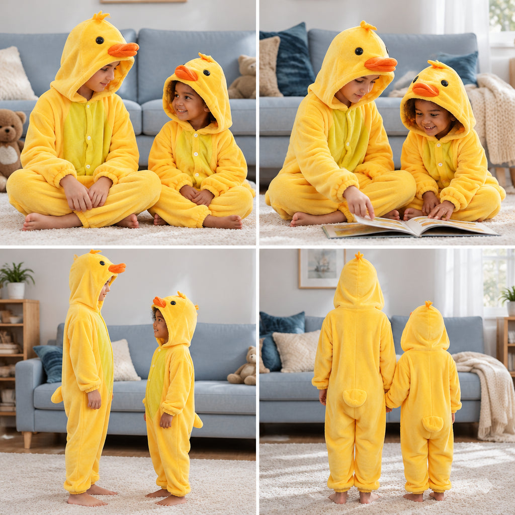 Quatre vues du Pyjama une pièce canard enfant tout doux porté