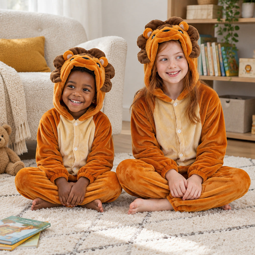 Combinaison pyjama lion enfant porté dans un intérieur chaleureux