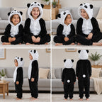 Quatre vues du Kigurumi panda enfant noir et blanc porté