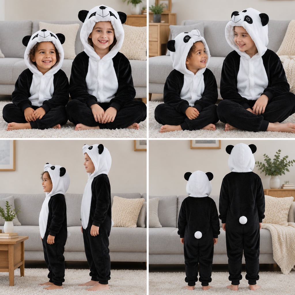 Quatre vues du Kigurumi panda enfant noir et blanc porté