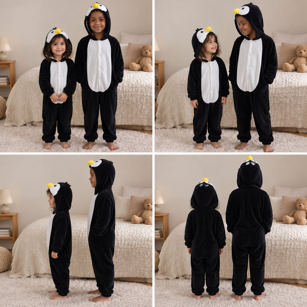 Quatre vues du Pyjama une pièce pingouin enfant porté