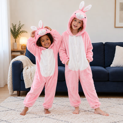 Combi pyjama lapin rose enfant porté dans un intérieur chaleureux