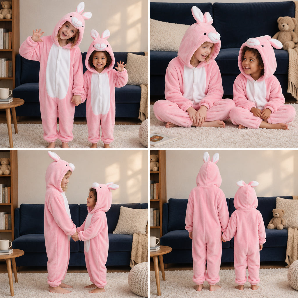 Quatre vues du Combi pyjama lapin rose enfant porté
