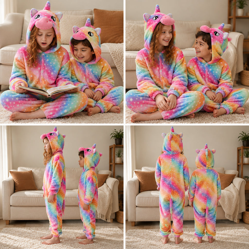 Quatre vues du Pyjama licorne arc-en-ciel enfant doux et mignon porté