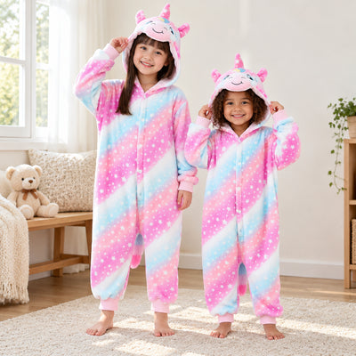 Kigurumi licorne étoilée enfant porté dans un intérieur chaleureux