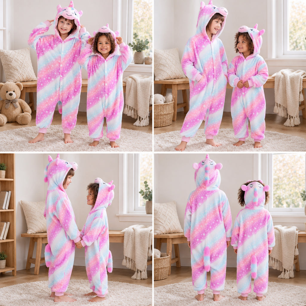 Quatre vues du Kigurumi licorne étoilée enfant porté