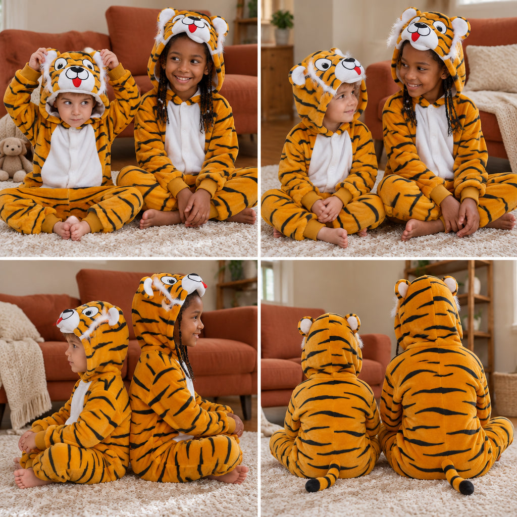 Quatre vues du Combinaison pyjama tigre enfant doux porté