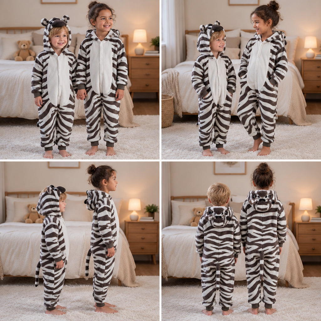 Quatre vues du Kigurumi zèbre enfant à motif noir et blanc porté
