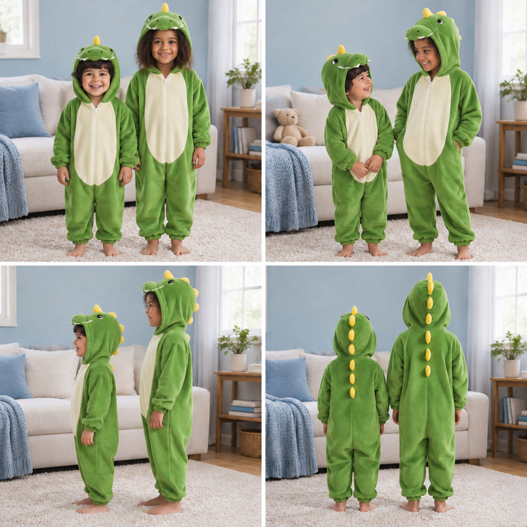 Quatre vues du Combi pyjama enfant tyrannosaure T-Rex porté