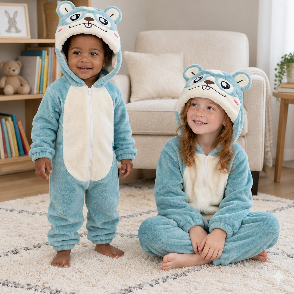 Pyjama une pièce bébé et enfant hamster bleu porté dans un intérieur chaleureux