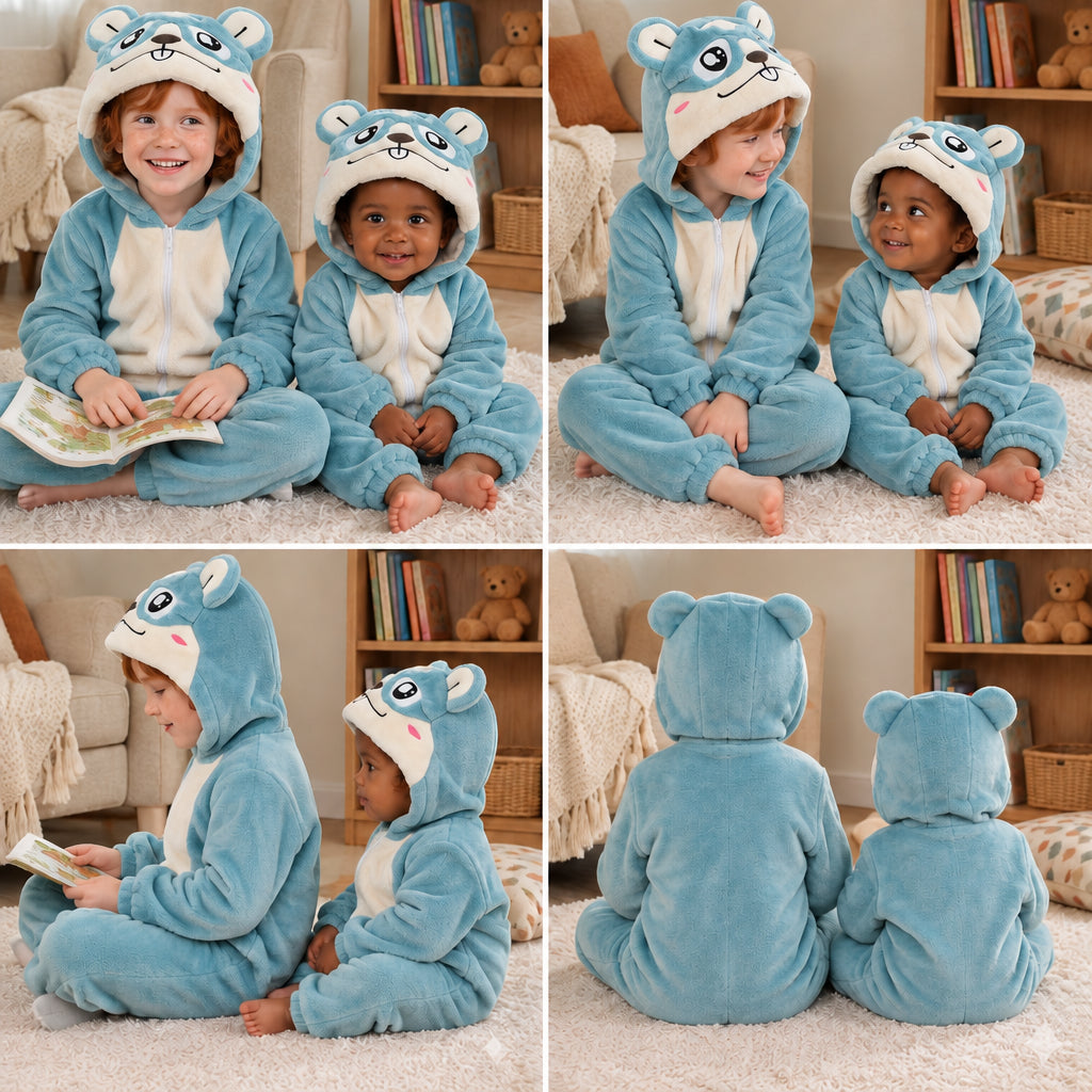Quatre vues du Pyjama une pièce bébé et enfant hamster bleu porté