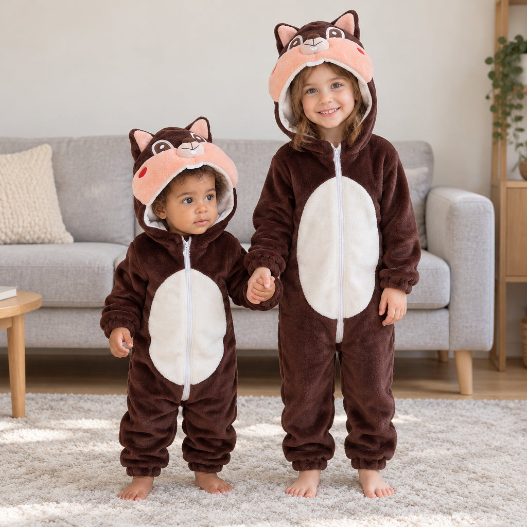 Combi pyjama écureuil enfant porté dans un intérieur chaleureux