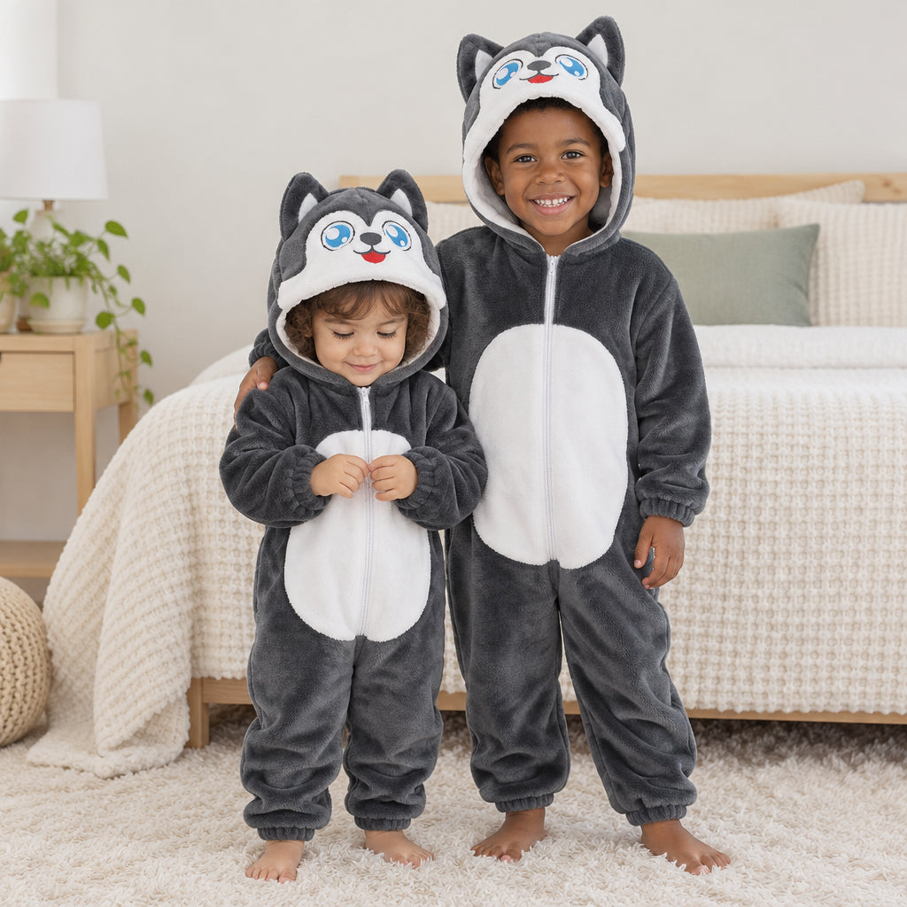 Kigurumi husky gris foncé bébé et enfant porté dans un intérieur chaleureux