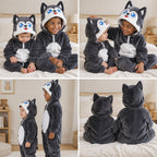 Quatre vues du Kigurumi husky gris foncé bébé et enfant porté