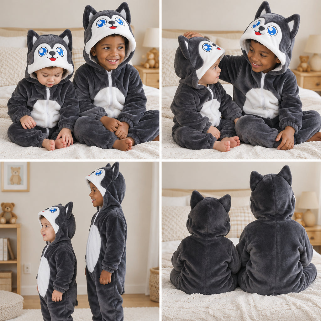 Quatre vues du Kigurumi husky gris foncé bébé et enfant porté