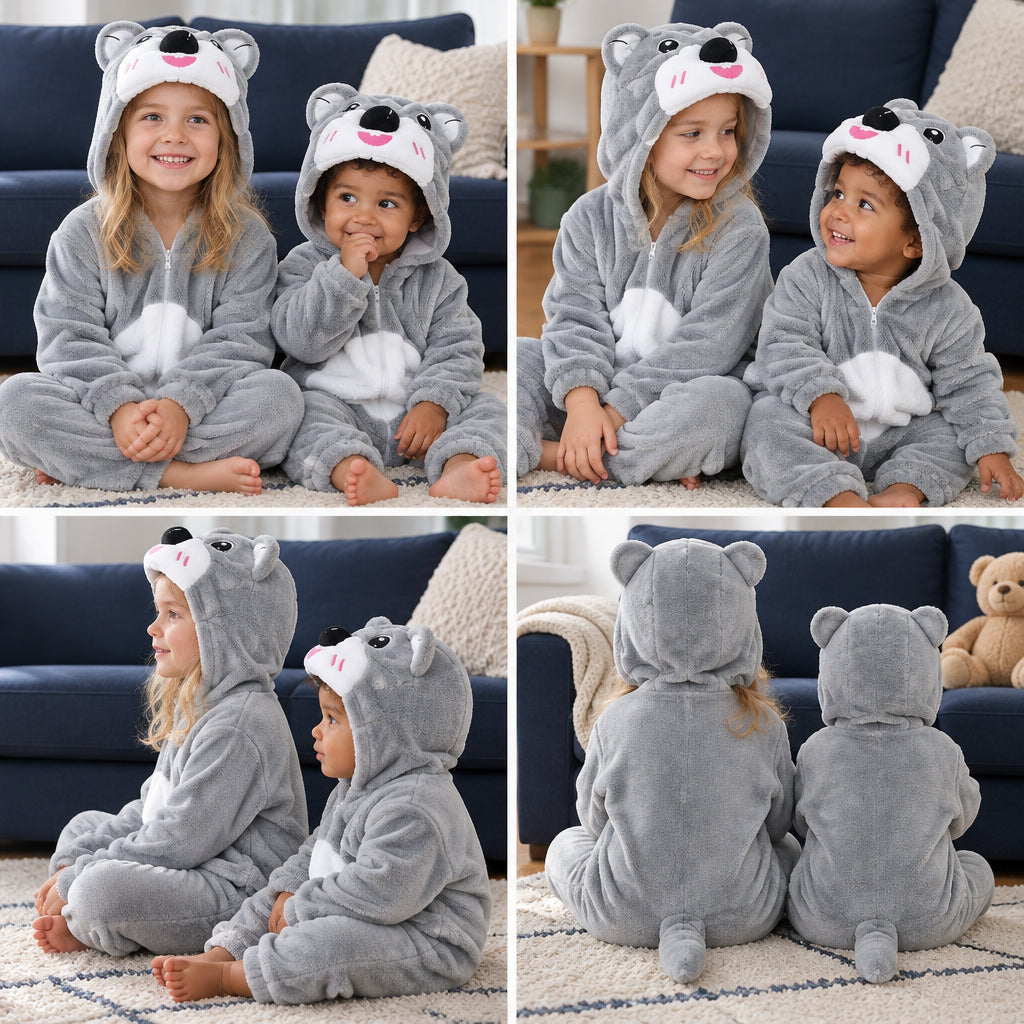 Quatre vues du Pyjama une pièce koala gris enfant porté
