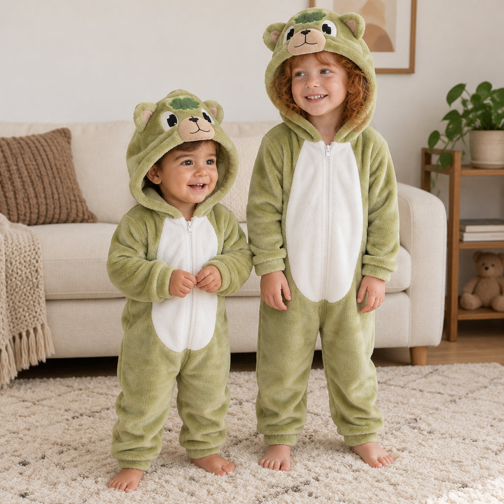 Combinaison pyjama poney vert enfant porté dans un intérieur chaleureux