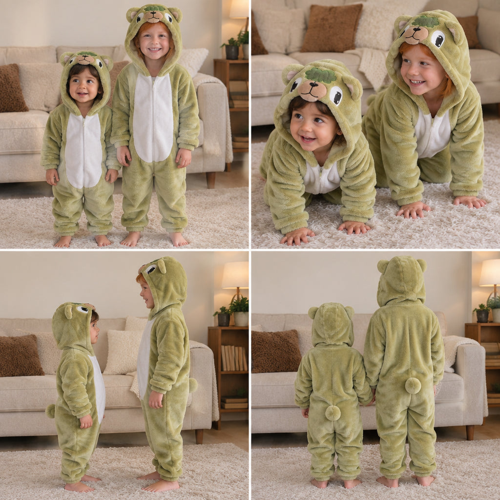 Quatre vues du Combinaison pyjama poney vert enfant porté