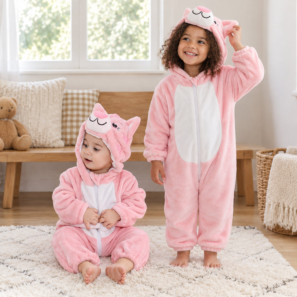 Pyjama chat rose à grande bouche enfant porté dans un intérieur chaleureux