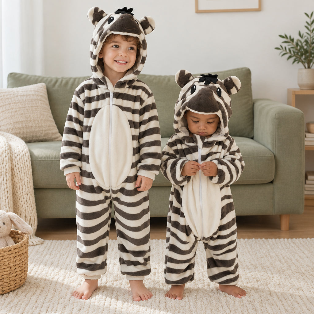 Combinaison pyjama zèbre rayé enfant porté dans un intérieur chaleureux