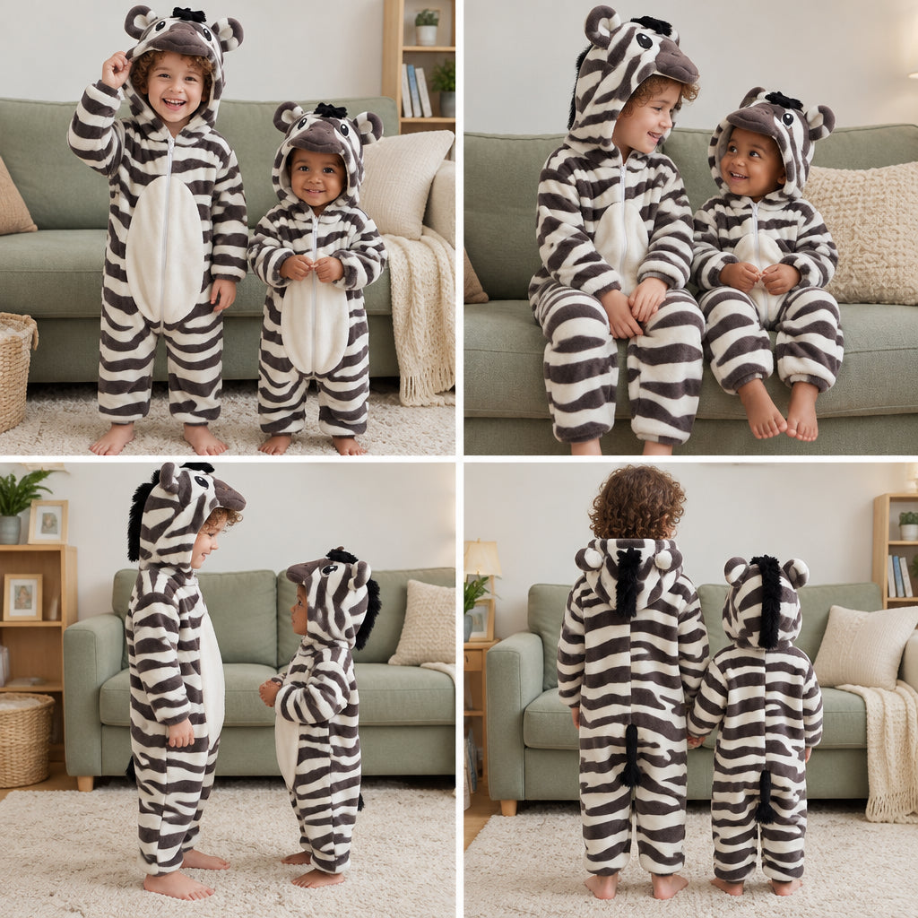 Quatre vues du Combinaison pyjama zèbre rayé enfant porté