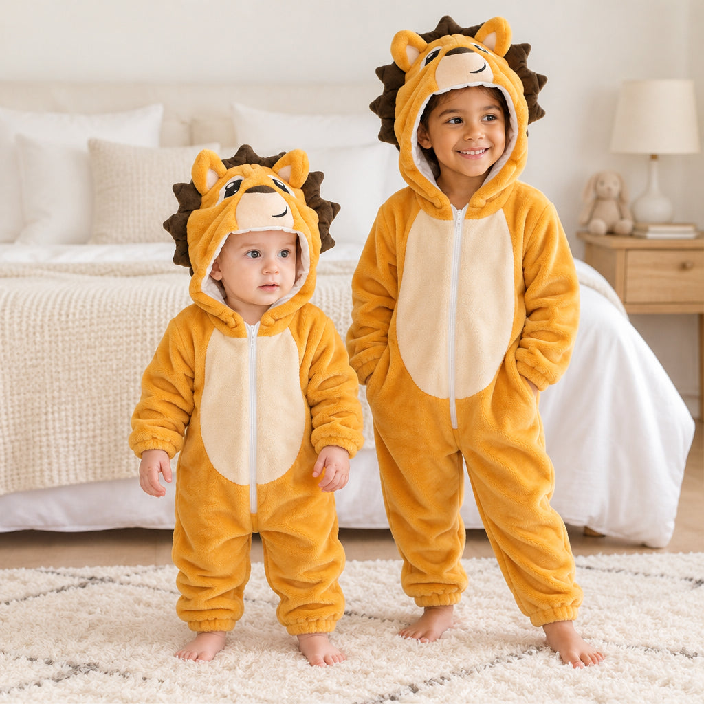 Pyjama une pièce hérisson jaune enfant mignon porté dans un intérieur chaleureux