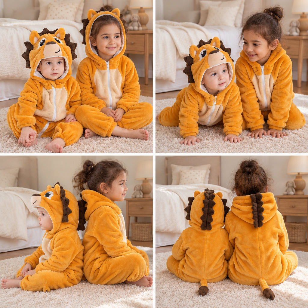 Quatre vues du Pyjama une pièce hérisson jaune enfant mignon porté