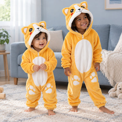 Combi pyjama bébé et enfant shiba inu jaune porté dans un intérieur chaleureux